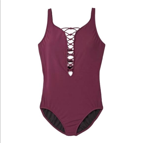 Women's Plus Size Lace-Up 1pc Swimsuit Aqua Green 24W maroon NWT BRAND NEW - Picture 1 of 8